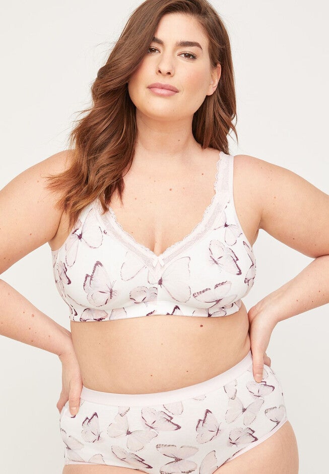 Printed Cotton Comfort No-Wire Bra With Lace, WHITE PINK BUTTERFLIES, hi-res image number null