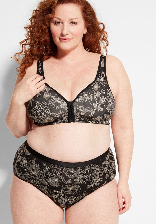 Cotton Comfort Front-Close No-Wire Bra, BLOSSOMS BLACK FRAPPE, hi-res image number null