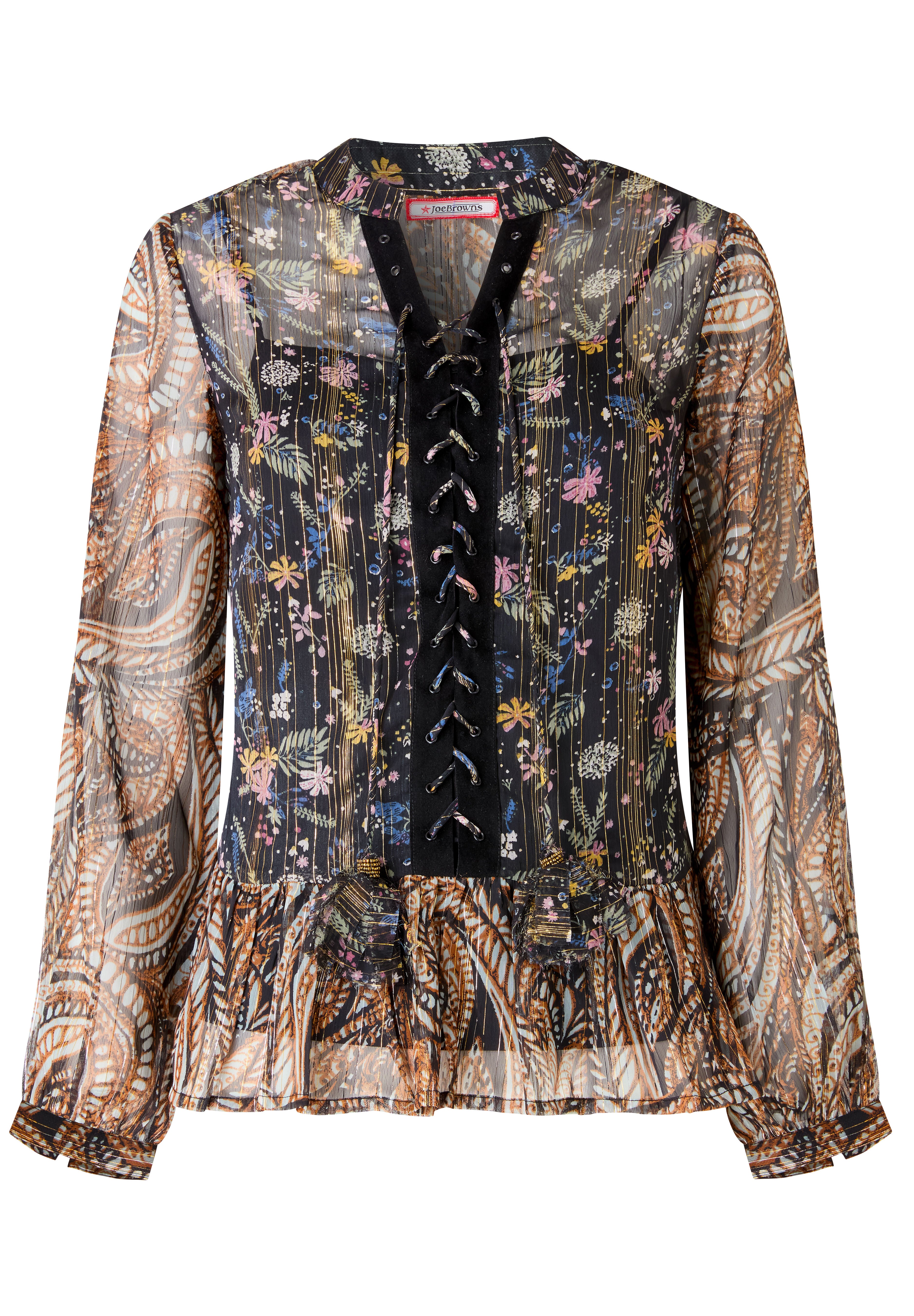Sheer Metallic Lace-Up Blouse, METALLIC PAISLEY, alternate image number 3