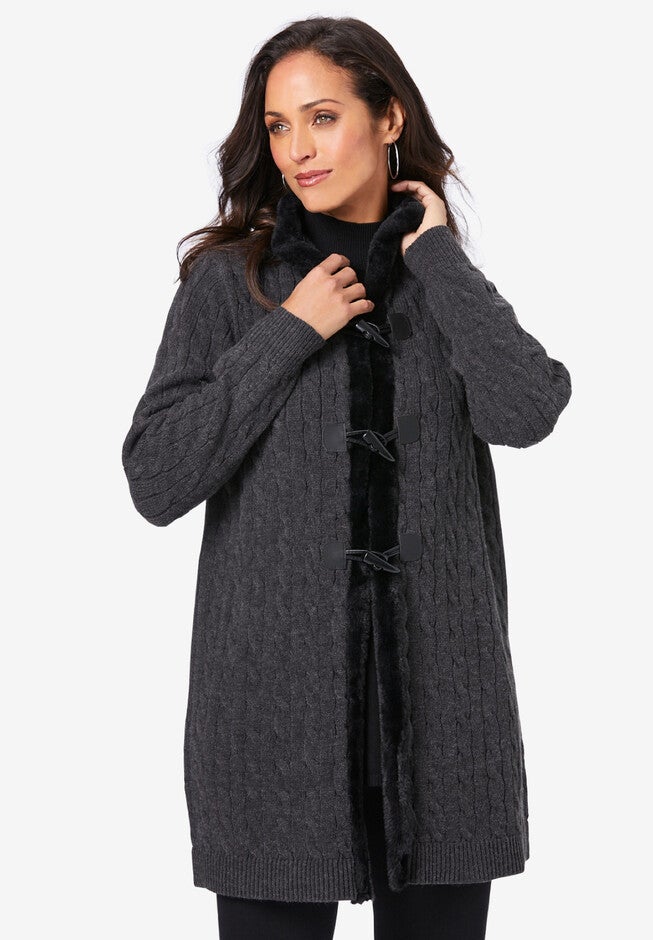 Fur Trim Toggle Cardigan, HEATHER CHARCOAL, hi-res image number null