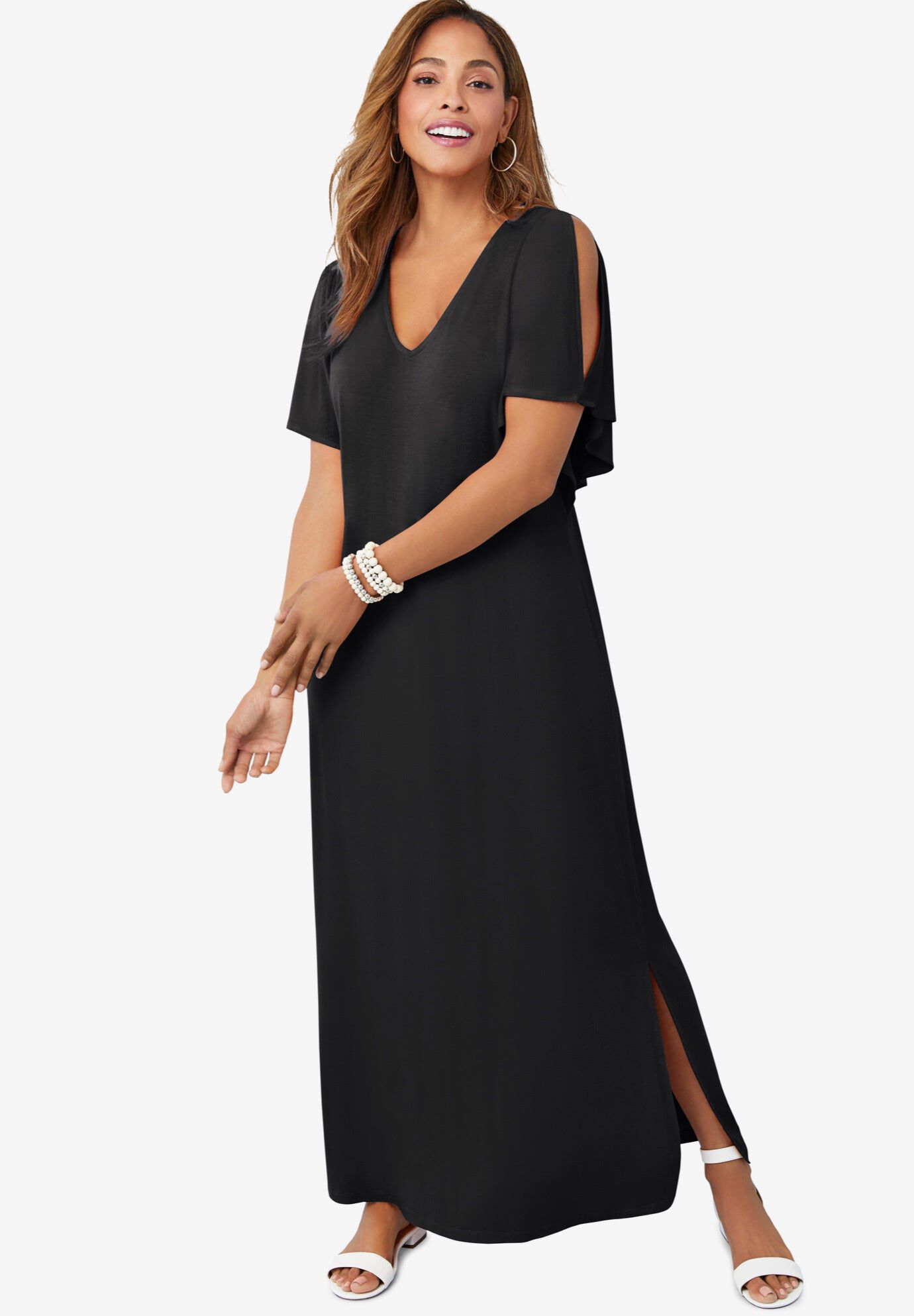 Stretch Knit Cold Shoulder Maxi Dress, BLACK, hi-res image number 0
