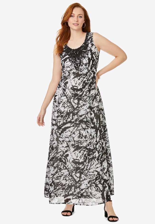 Printed Maxi Dress, BLACK WHITE ABSTRACT, hi-res image number null