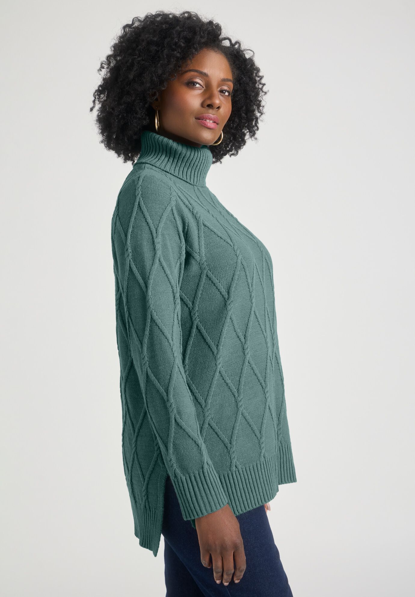 Cable Turtleneck Sweater, NEW SAGE, alternate image number 2