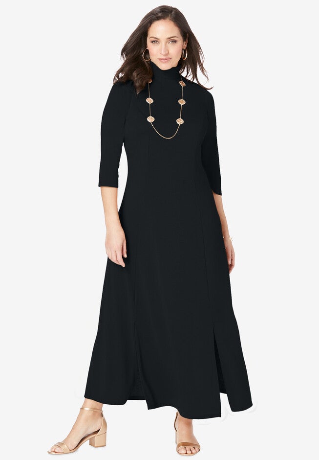 Mockneck Slit Maxi Dress, BLACK, hi-res image number null