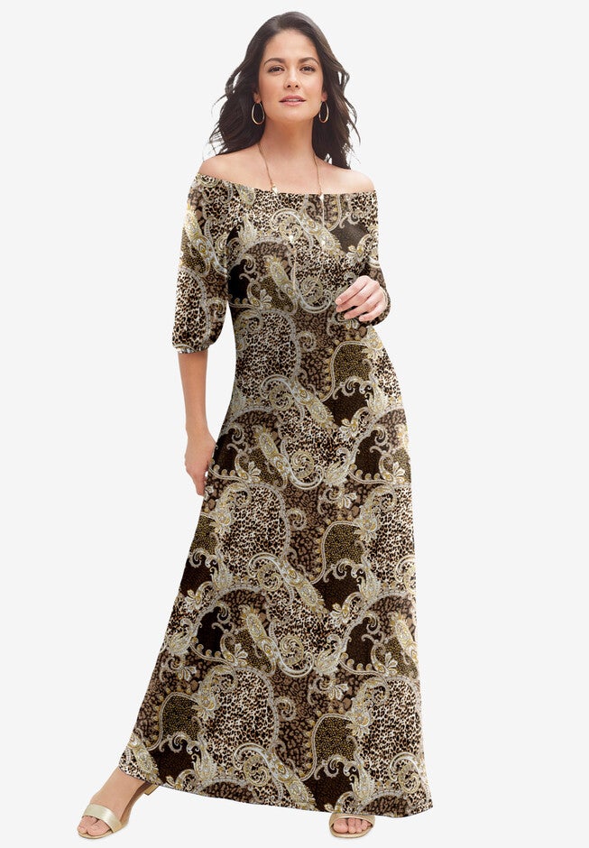 Stretch Knit Blouson Maxi Dress, BROWN PAISLEY ANIMAL, hi-res image number 0