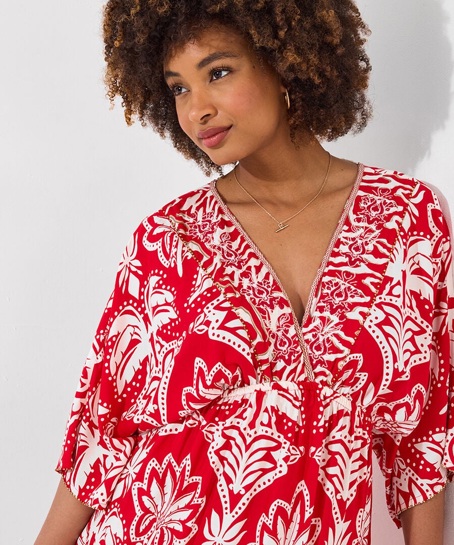 Batwing Tassel Tunic, MEGA RED PALMS, on-hover image number 1