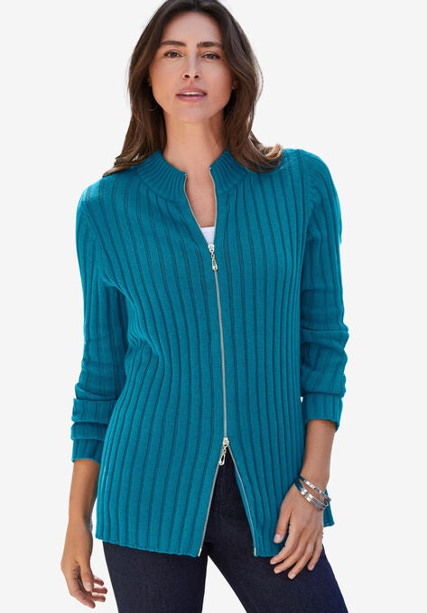 Ribbed Zipper Cardigan, DEEP TEAL, hi-res image number null