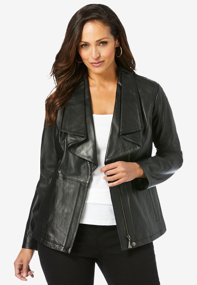 Drape-Front Leather Jacket, BLACK, hi-res image number null