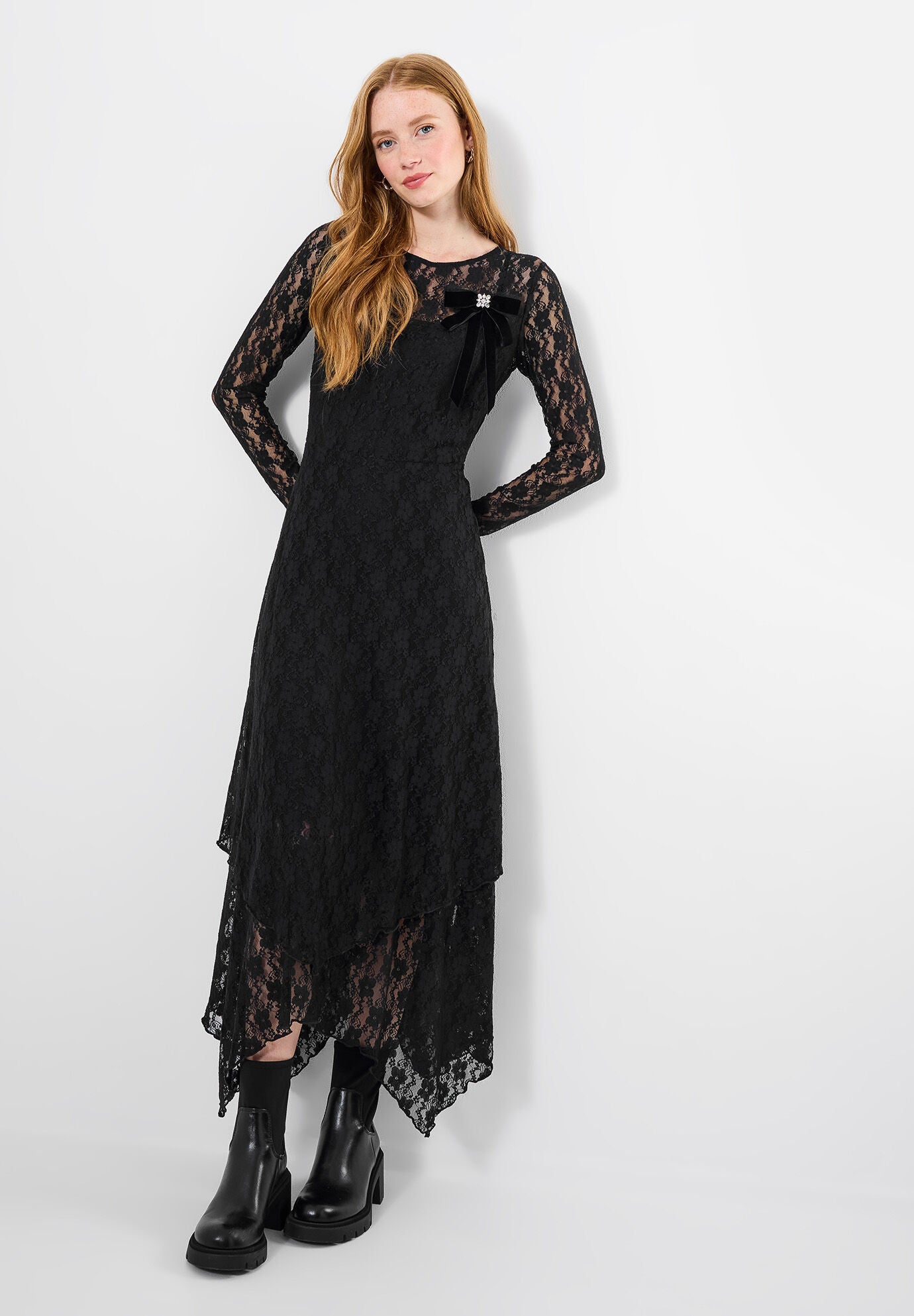 Stretch Lace Hanky Hem Maxi Dress