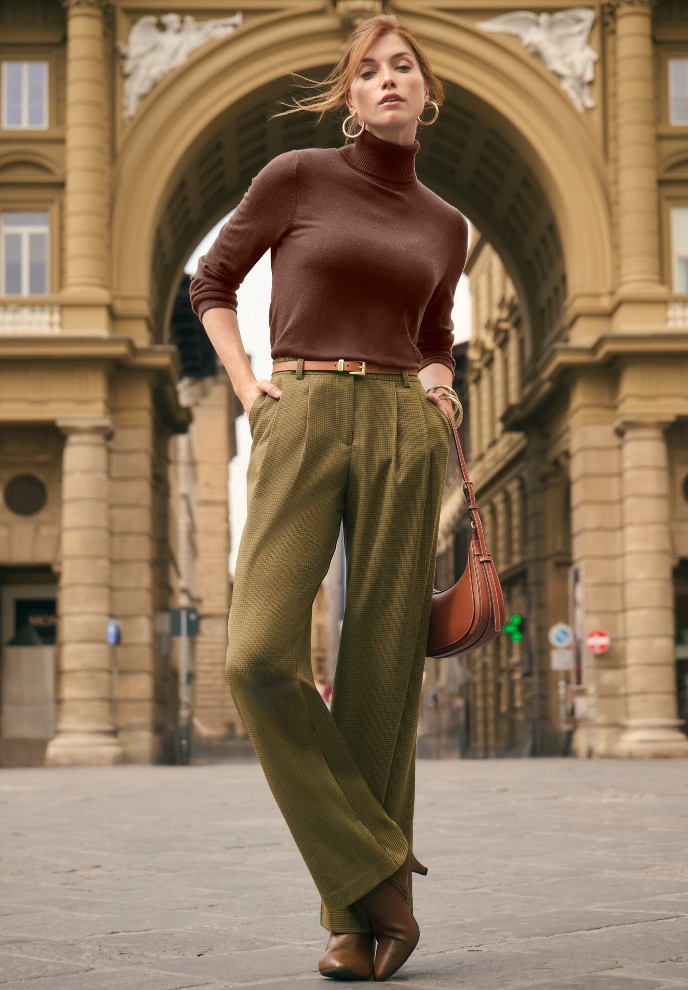 Wide Leg Pleated Trouser, OLIVE HOUNDSTOOTH, hi-res image number 0