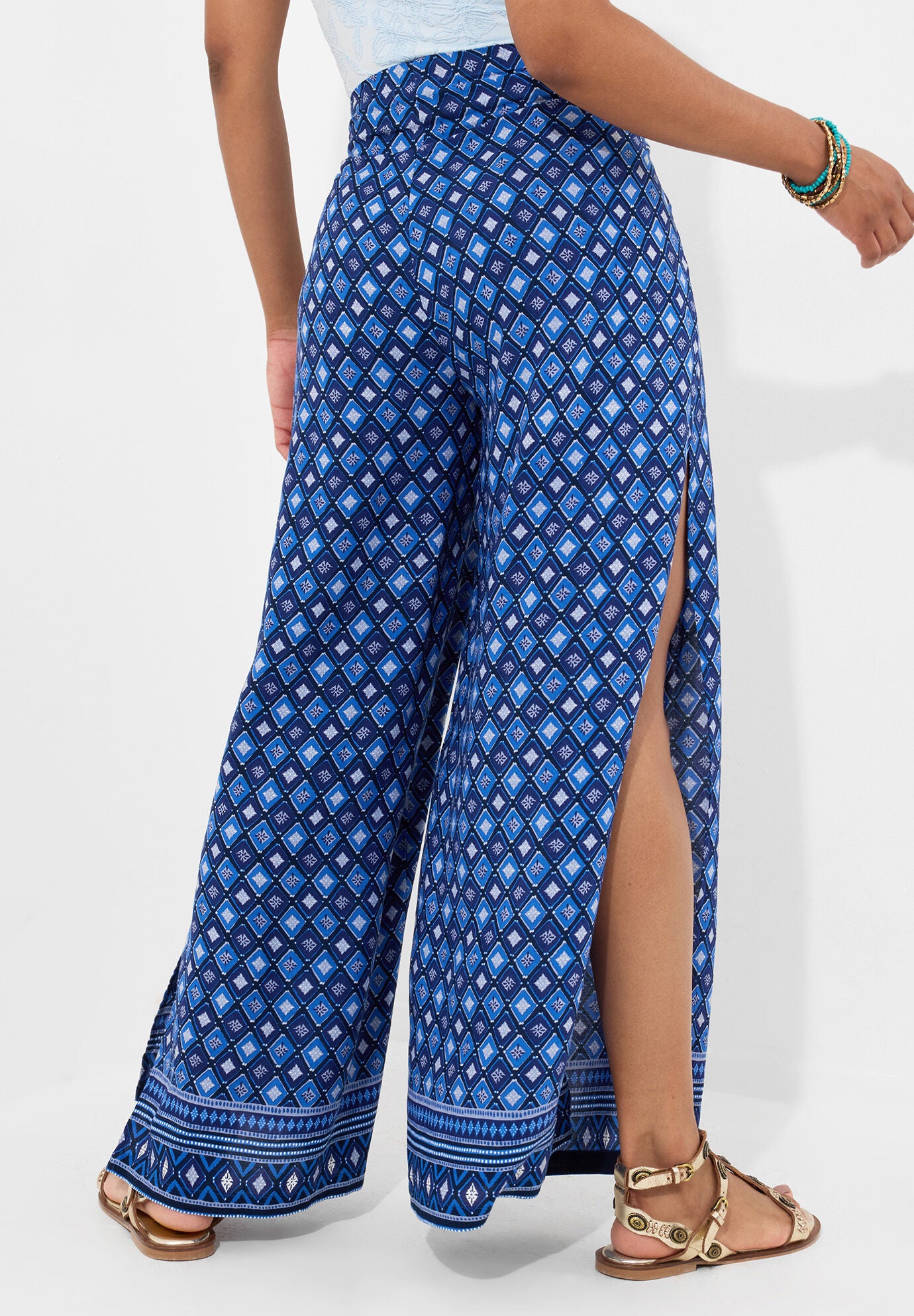 Wide Leg Tie-Front Pants, BLUE GEO MEDALLION, alternate image number 3