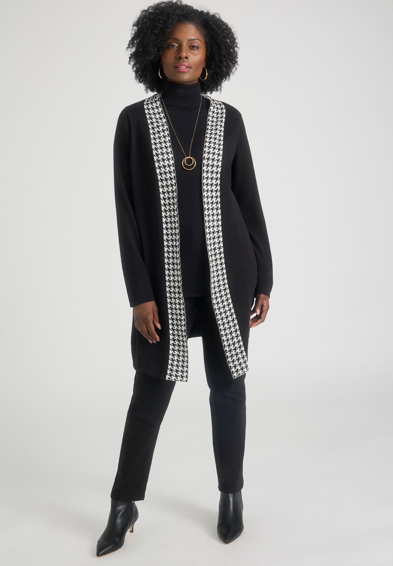 Fine Gauge Cardigan Topper, IVORY HOUNDSTOOTH, on-hover image number 1