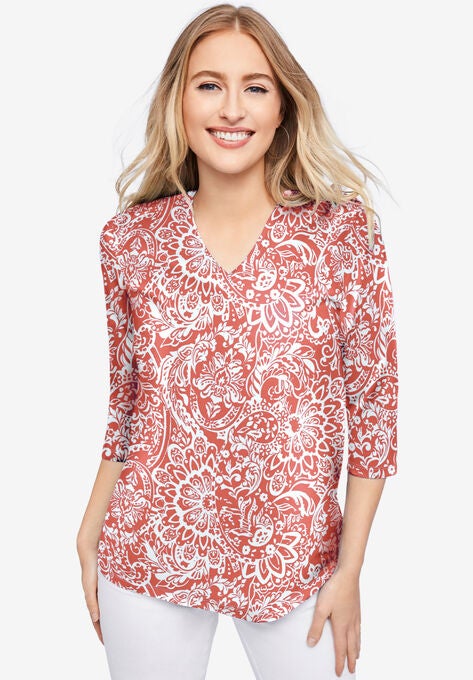 V-Neck Tee, DUSTY CORAL SCROLL MEDALLION, hi-res image number null