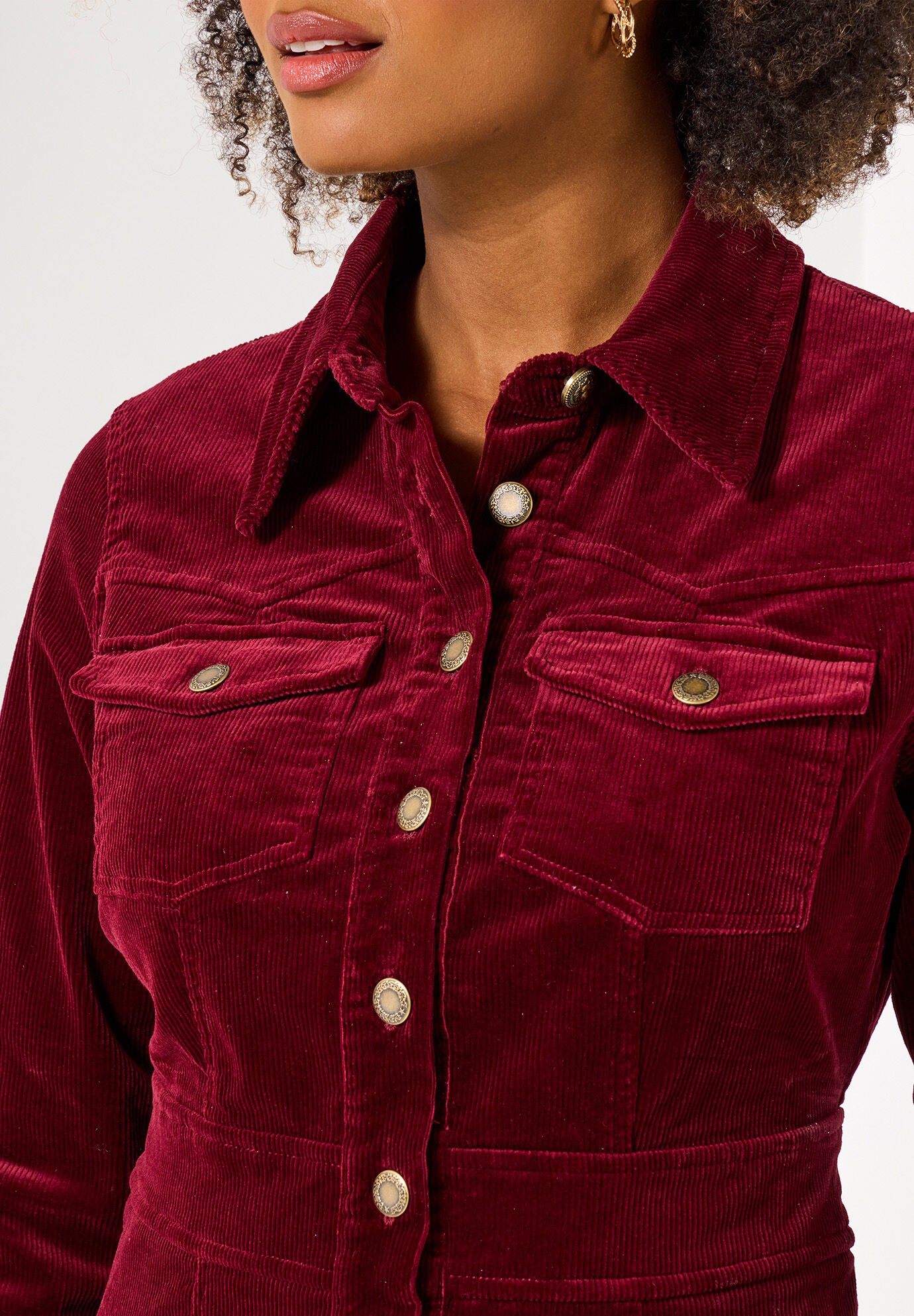 Corduroy Shirt Dress, BURGUNDY, alternate image number 2