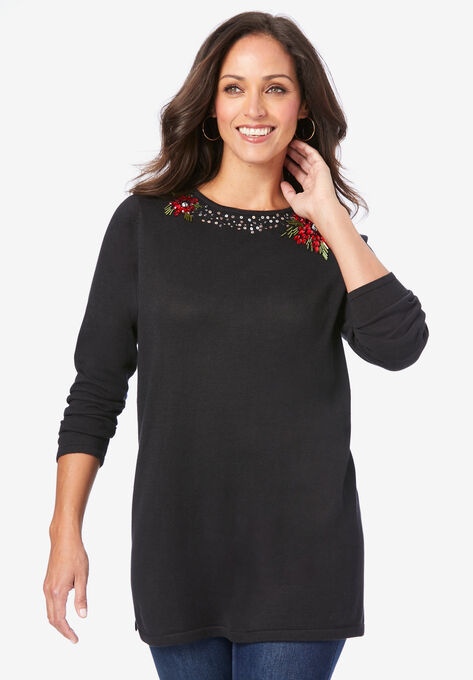 Holiday Motif Pullover, BLACK POINSETTIA JEWEL, hi-res image number null