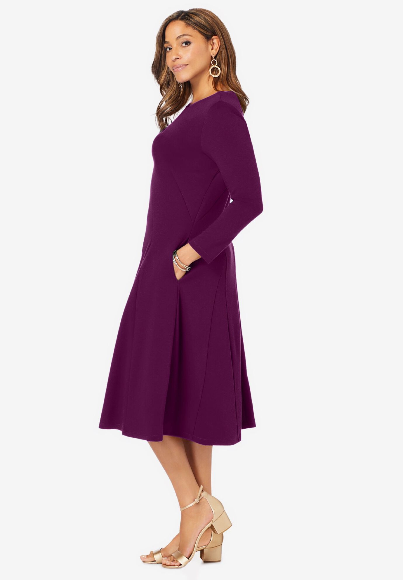 Long Sleeve Stretch Ponte Dress, DARK BERRY, alternate image number 2