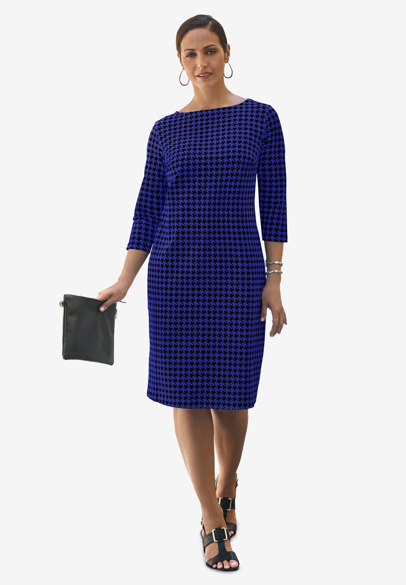 Stretch Cotton Boatneck Shift Dress, DARK SAPPHIRE HOUNDSTOOTH, hi-res image number 0
