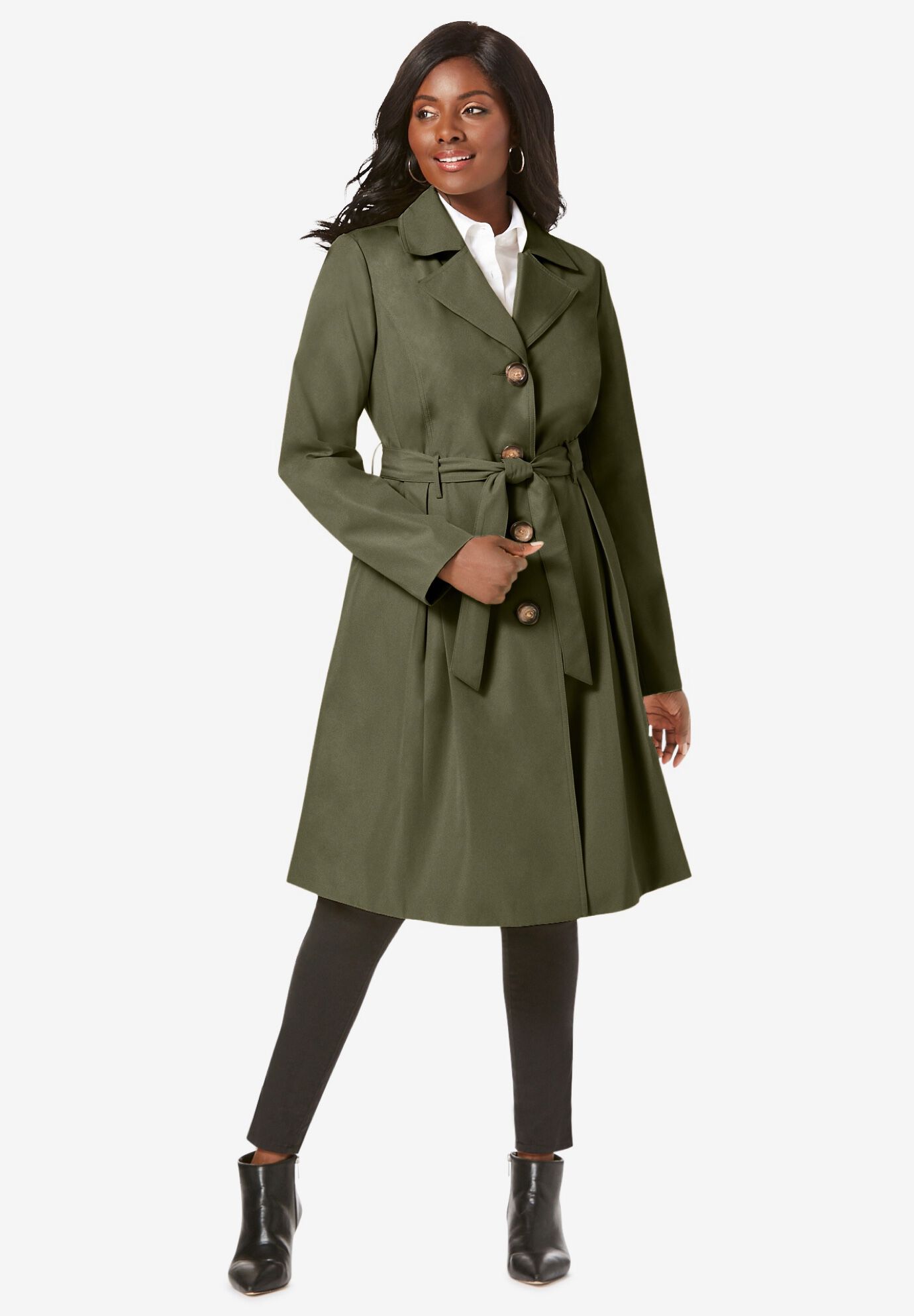 Pleated Trench Coat Inverted Pleats Tie Waist Dark Olive Green Ellos