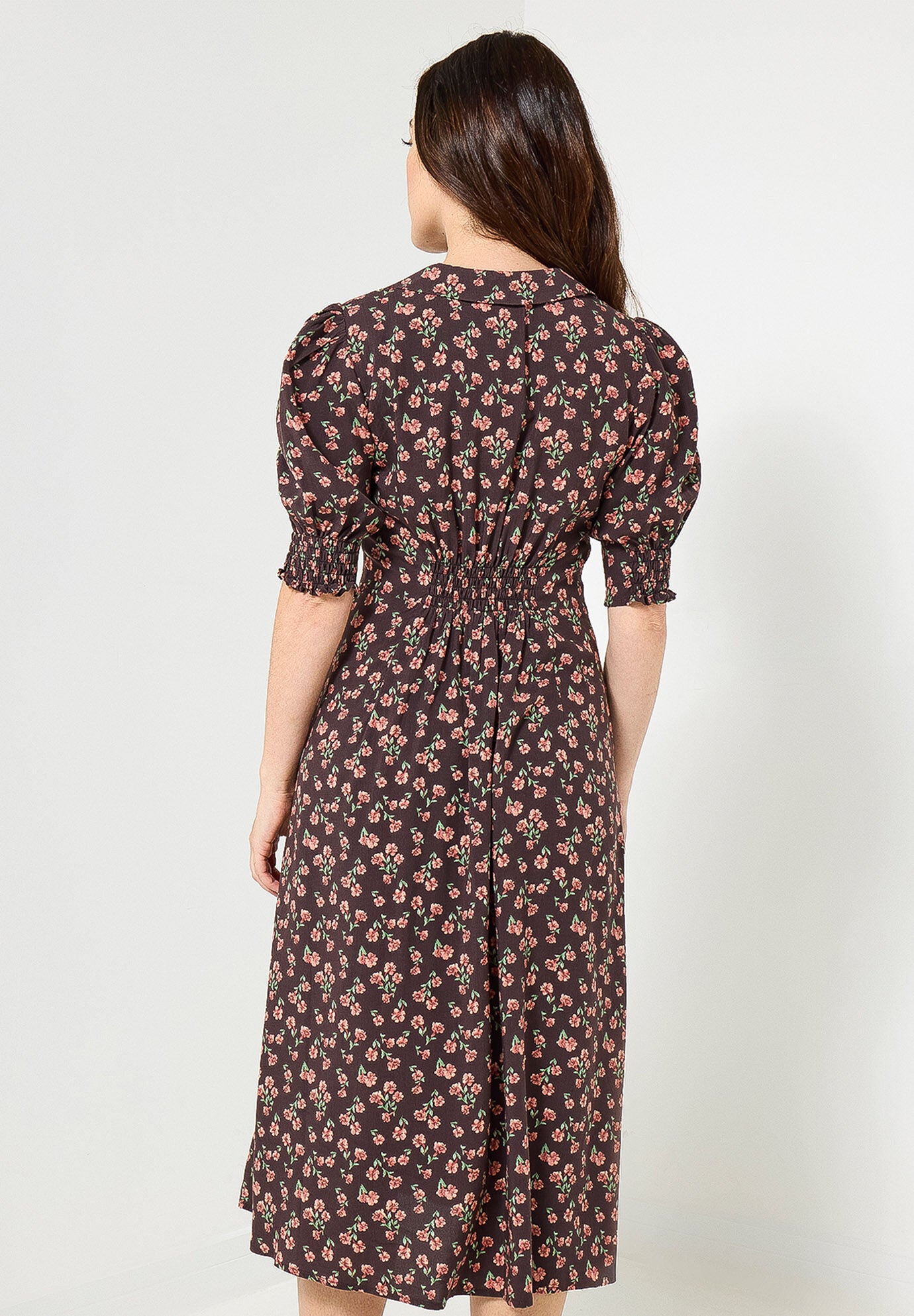 Puff Sleeve Midi Dress, ESPRESSO DITSY FLORAL, on-hover image number 1