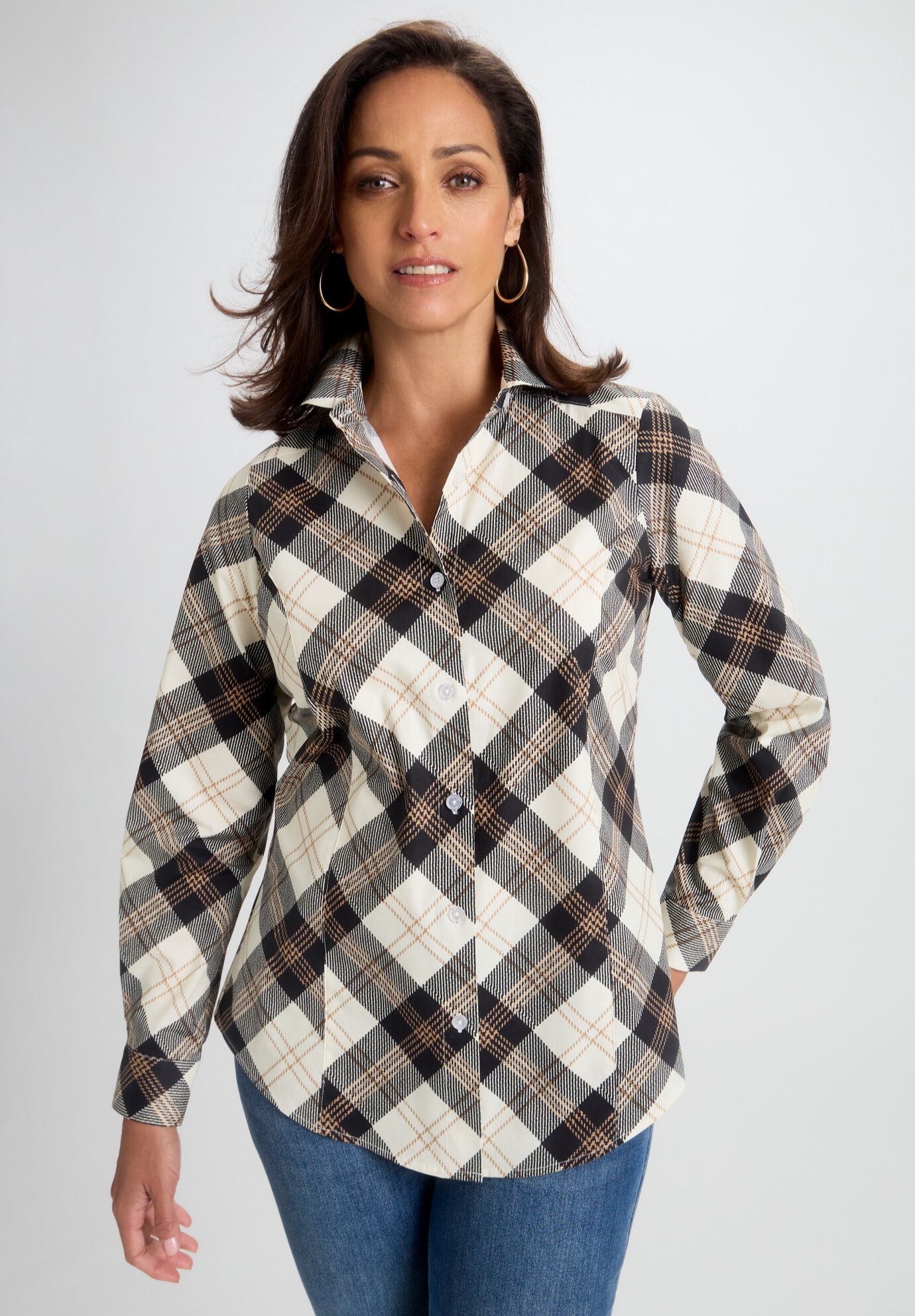 Stretch Poplin Shirt, IVORY GOLD PLAID, on-hover image number 1