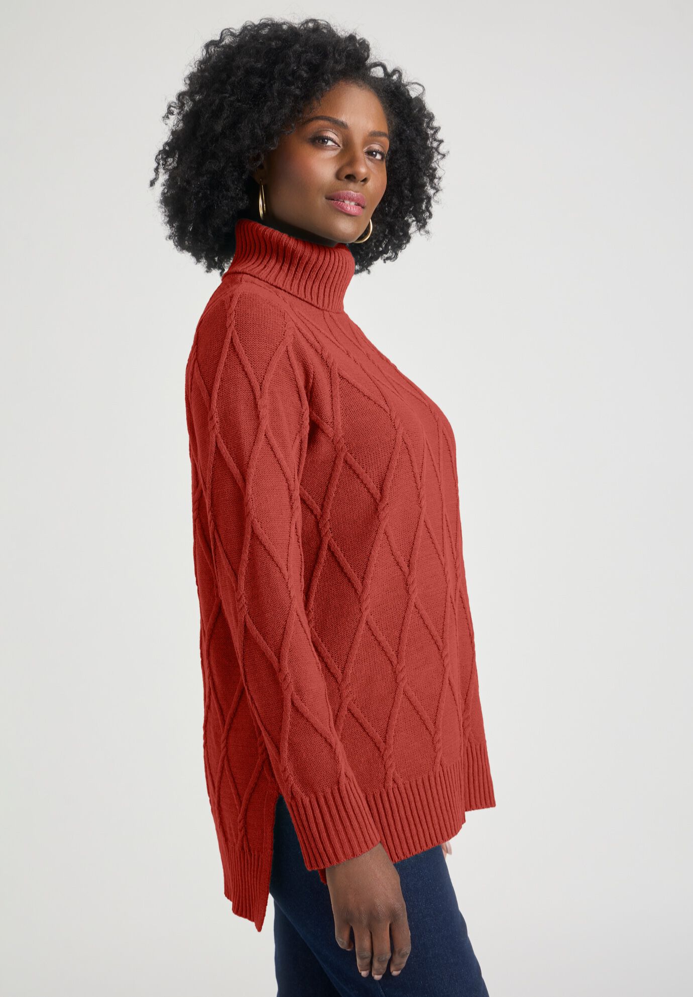 Cable Turtleneck Sweater, RED OCHRE, alternate image number 2