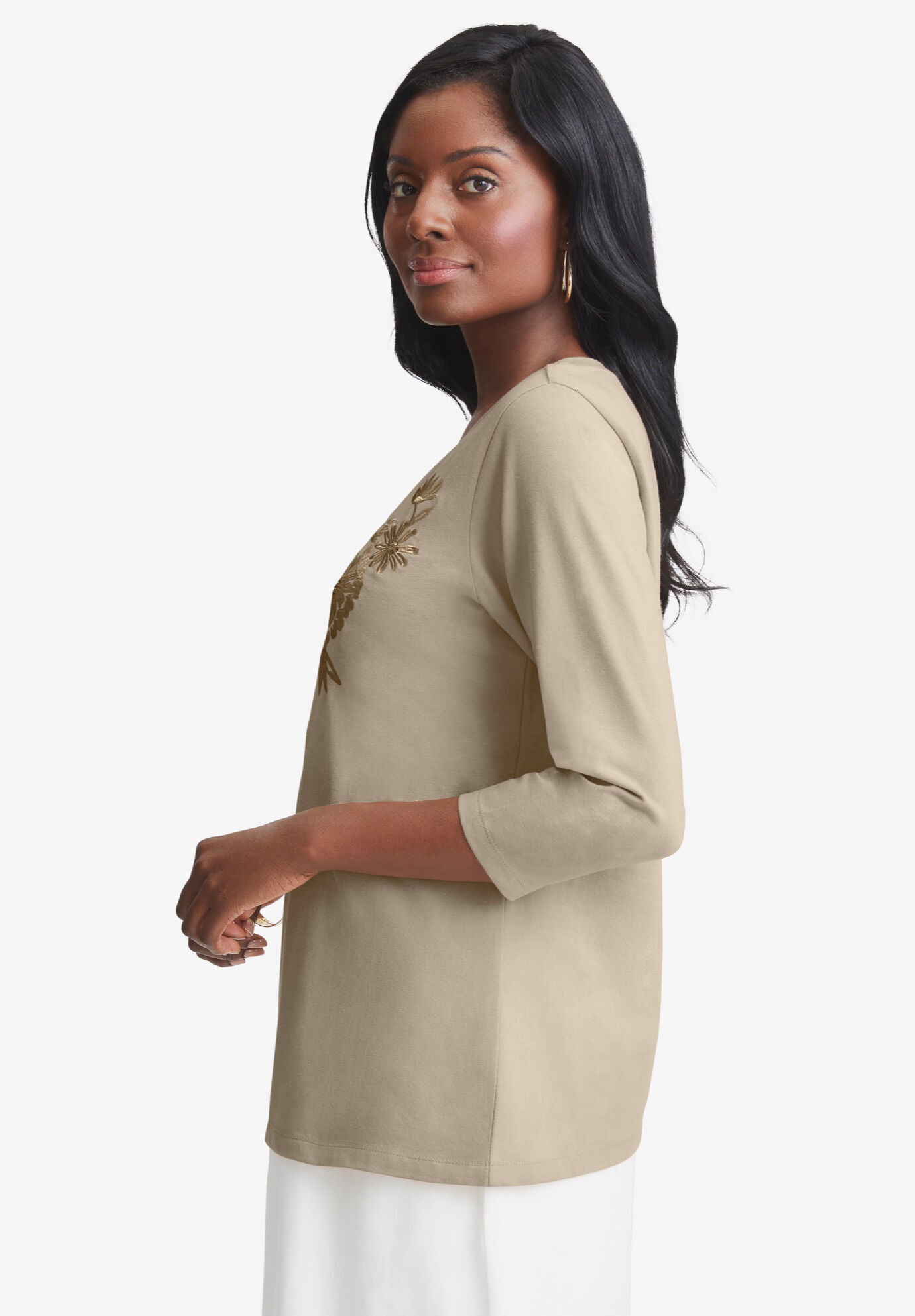 Stretch Cotton Embroidered Tee, , on-hover image number 1