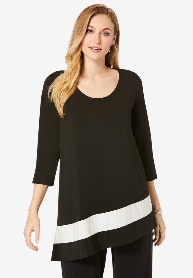 Asymmetrical-Hem Colorblock Tunic, BLACK IVORY COLORBLOCK, hi-res image number null