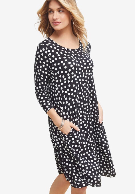 Three-Quarter Sleeve T-shirt Dress, BLACK DOT, hi-res image number null
