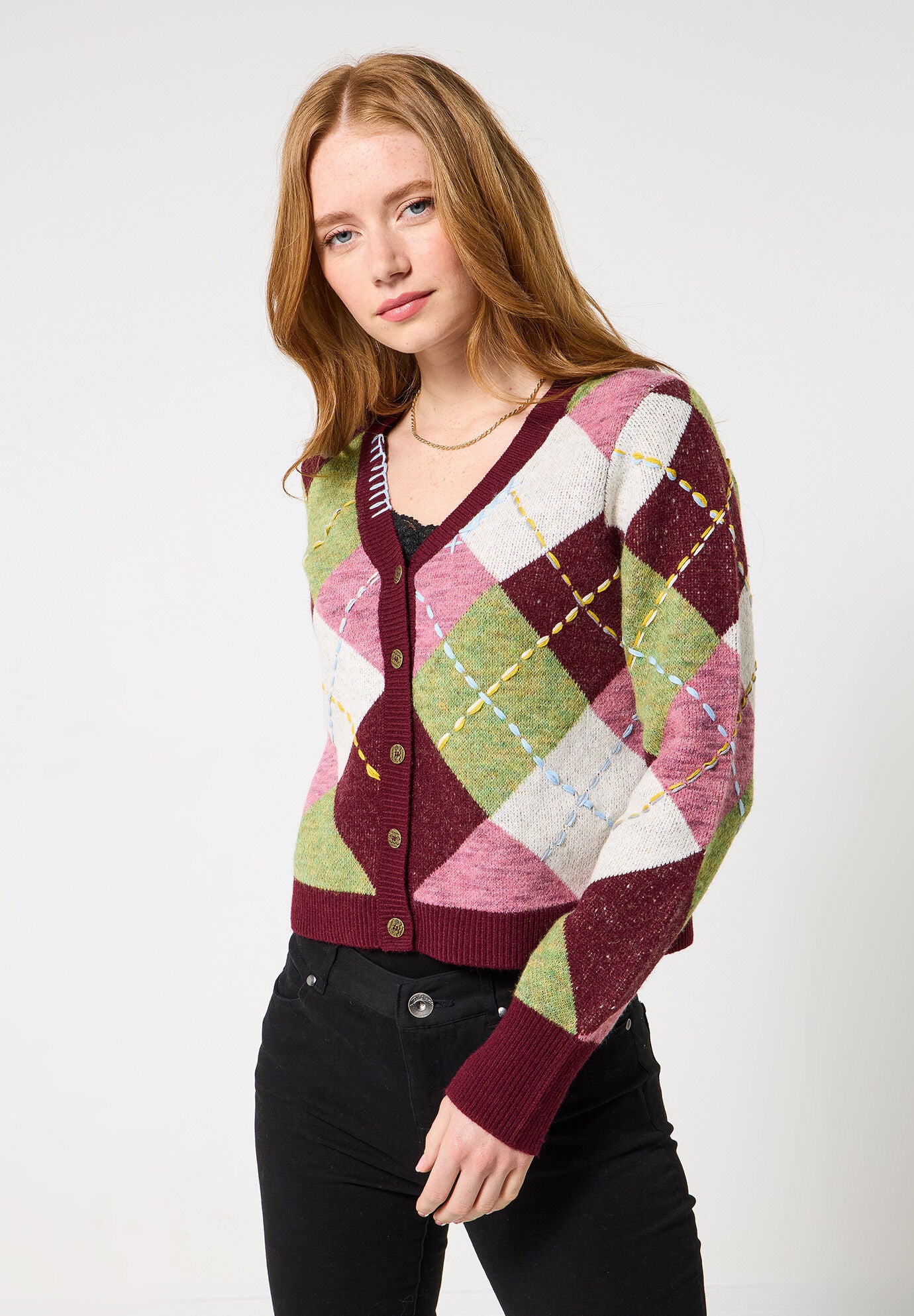 Argyle Cardigan, MULTI STITCH ARGYLE, on-hover image number 1