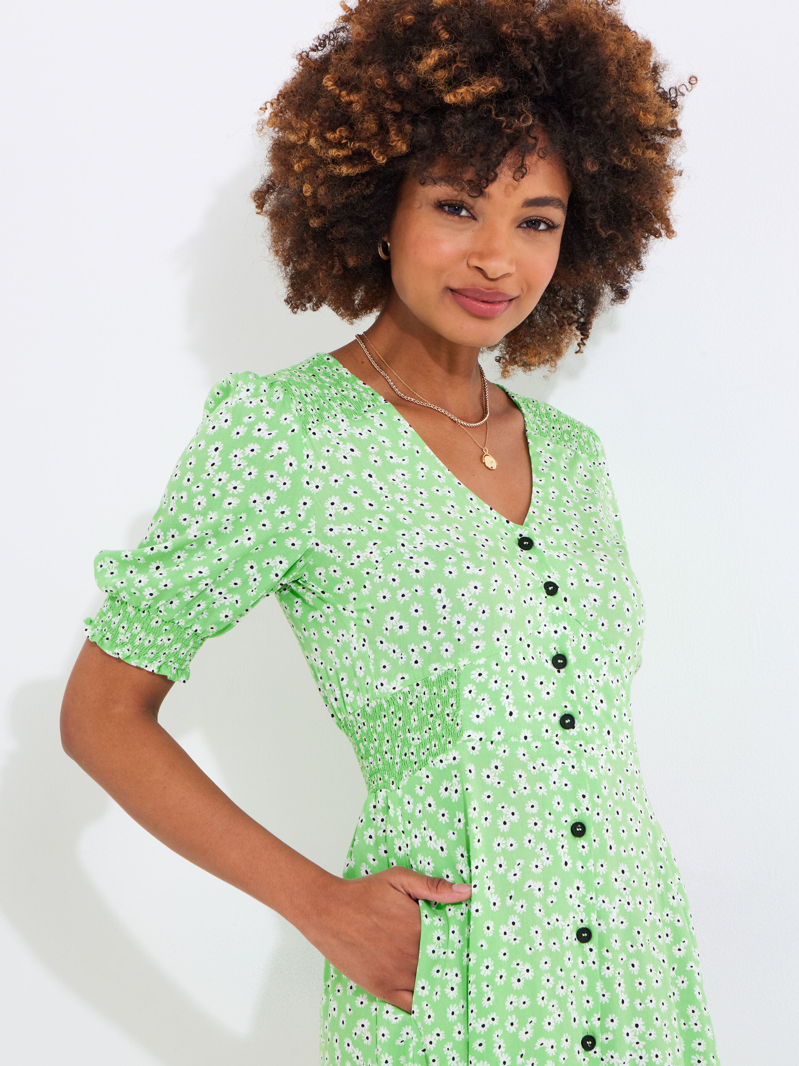 Puff Sleeve Midi Dress, GREEN DITSY DAISY, on-hover image number 1