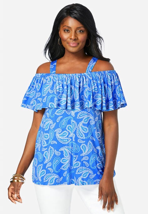 Cold Shoulder Ruffle Tunic, TRUE BLUE SKETCH PAISLEY, hi-res image number null
