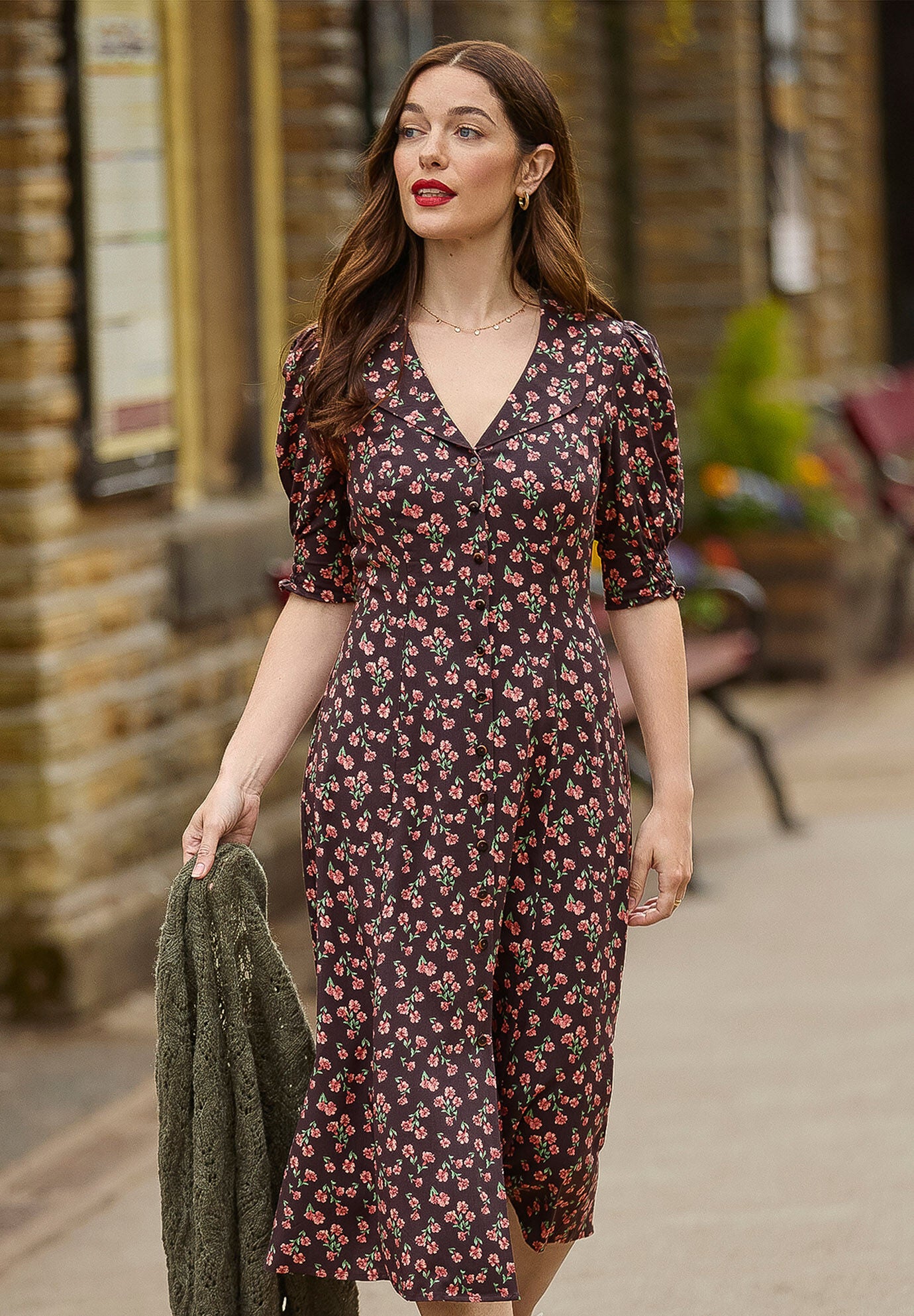 Puff Sleeve Midi Dress, ESPRESSO DITSY FLORAL, hi-res image number 0