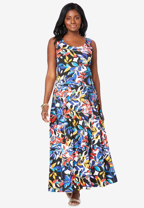 Flared Tank Dress, MULTI GRAPHIC LEAVES, hi-res image number null