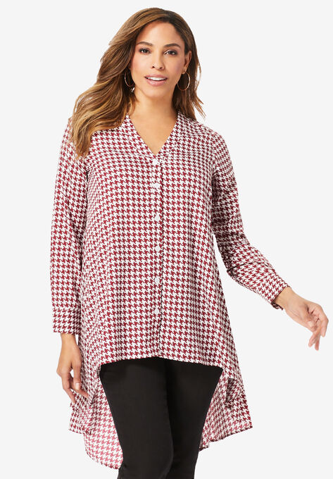 Hi-Low Georgette Tunic, RICH BURGUNDY HOUNDSTOOTH, hi-res image number null