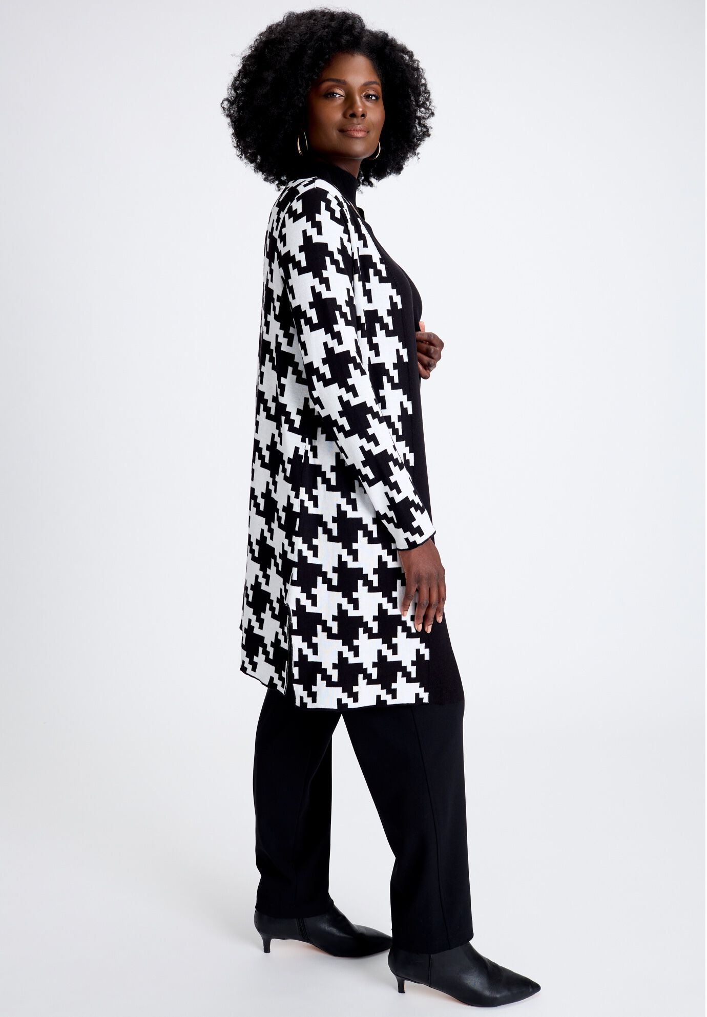 Fine Gauge Cardigan Topper, BLACK WHITE LARGE HOUNDSTOOTH, alternate image number 3