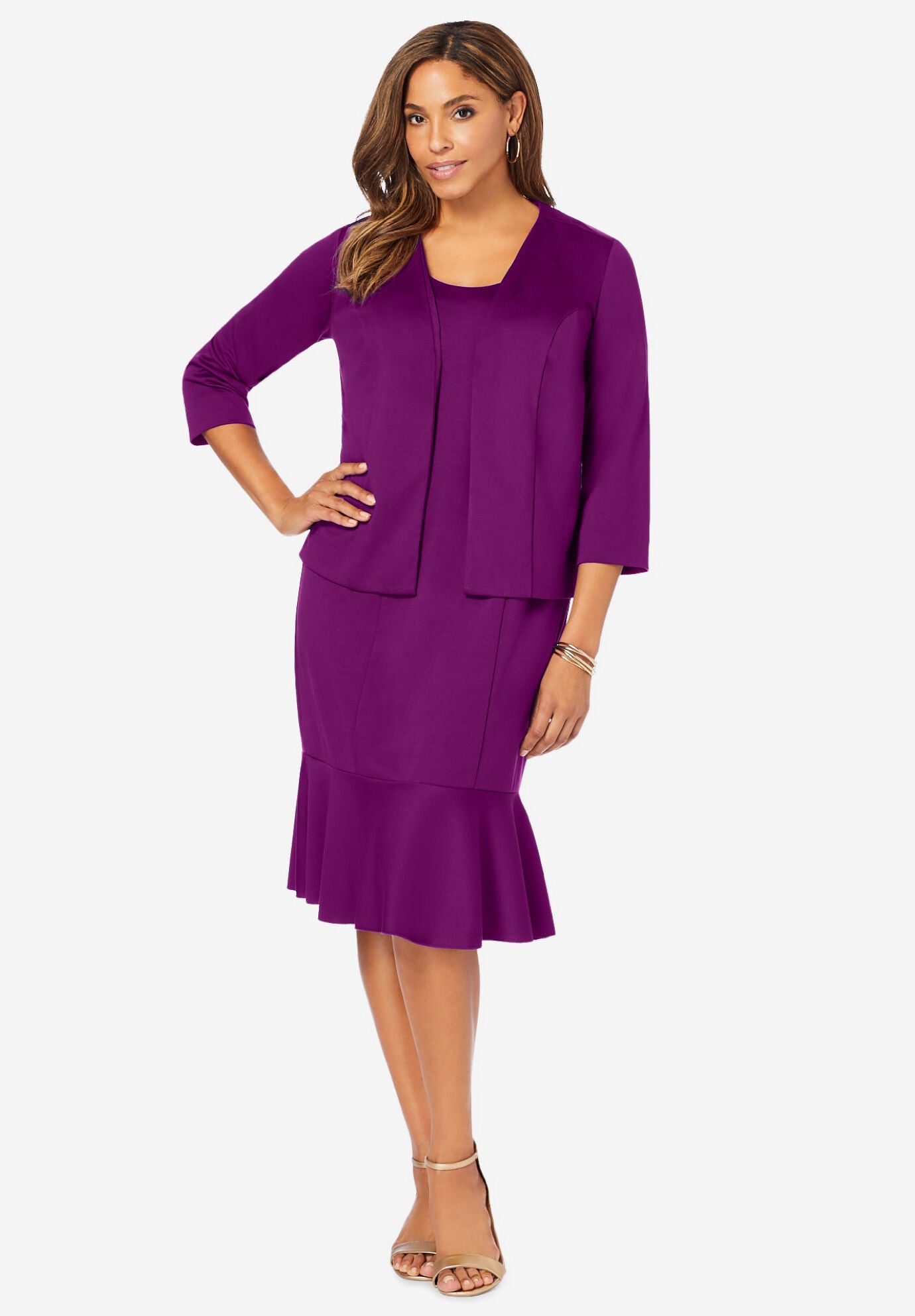 2-Piece Flounce Hem Ponte Jacket Dress, PURPLE TULIP, hi-res image number 0