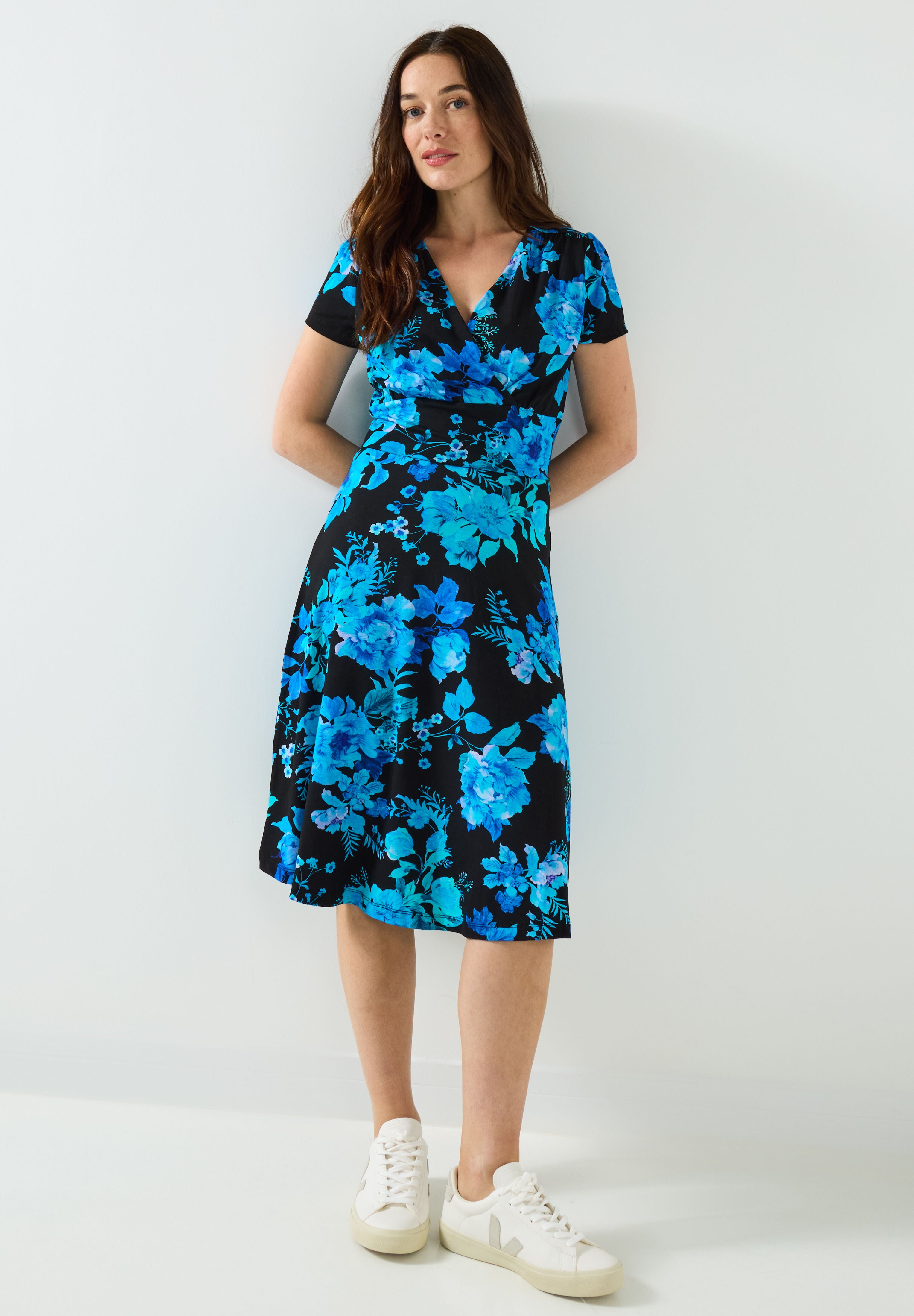 Stretch Knit Faux Wrap Dress, COBALT FLORAL, hi-res image number 0