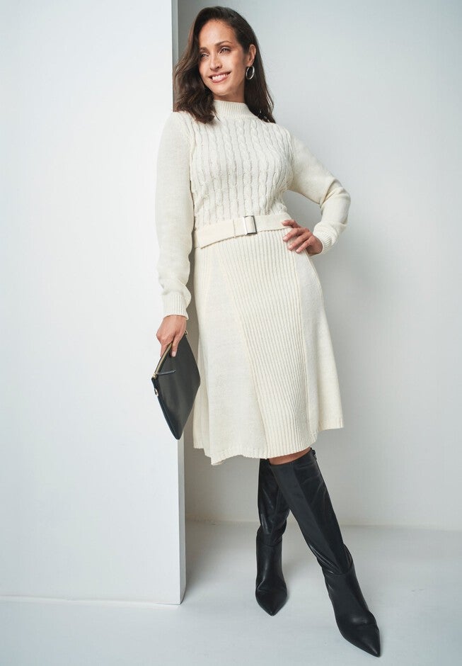 Ivory knit dress belted