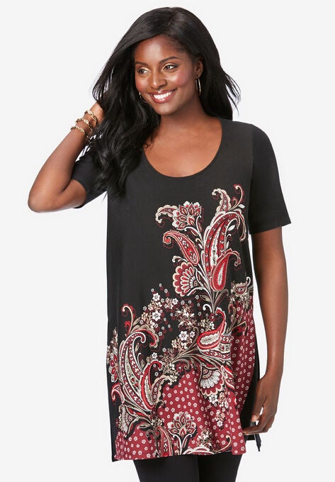 Mega Knit Tunic, RICH BURGUNDY PAISLEY BORDER, hi-res image number null