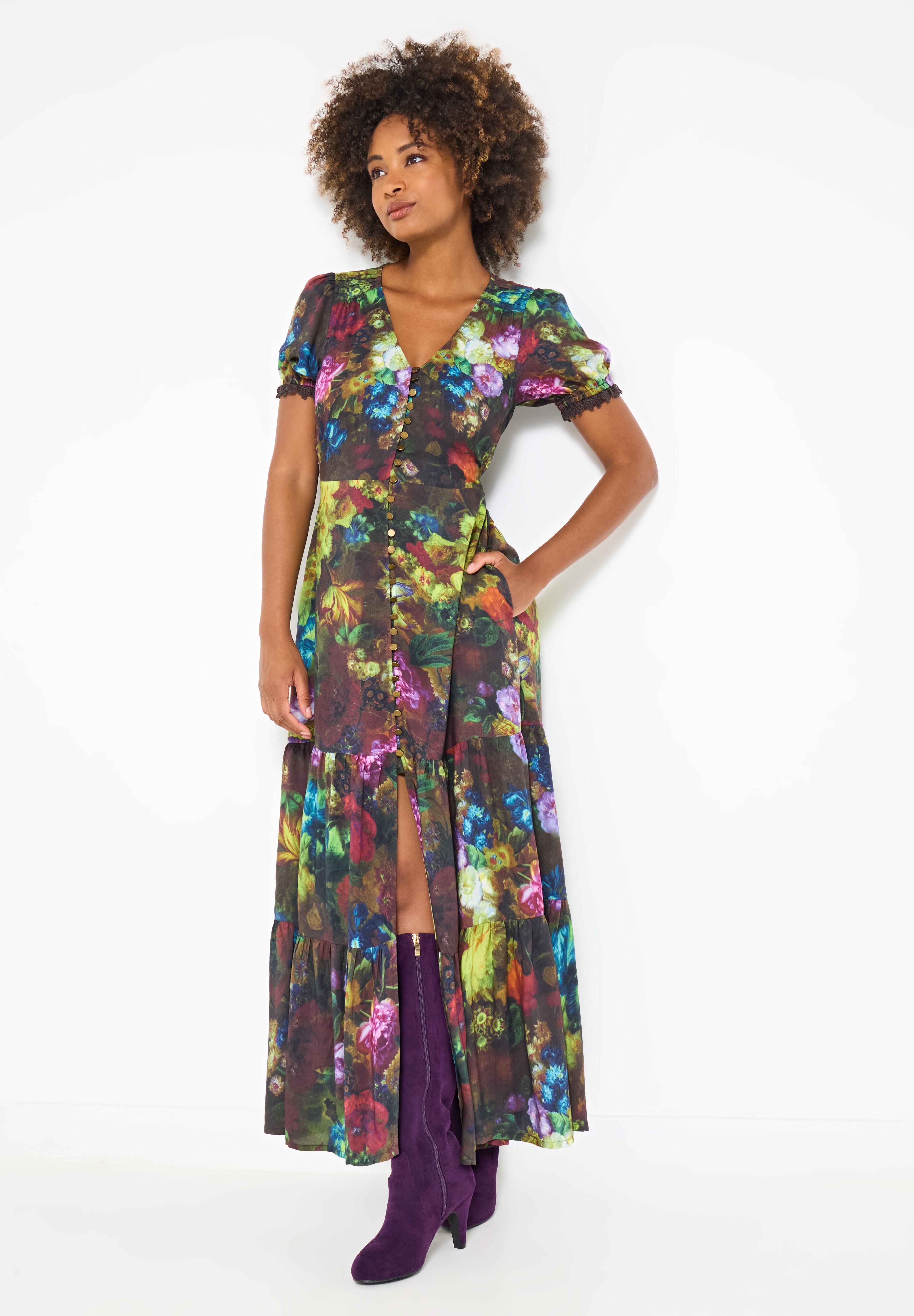 V-Neck Tiered Midi Dress, BAROQUE MULTI GARDEN, on-hover image number 1