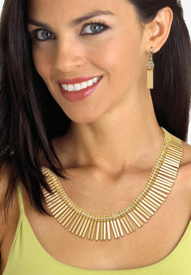 Gold Tone Fringe Necklace, Bracelet and Earring Set, Crystal, 17 inches, , alternate image number 2
