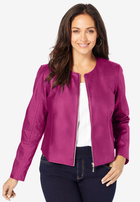 Collarless Leather Jacket, RASPBERRY, hi-res image number null
