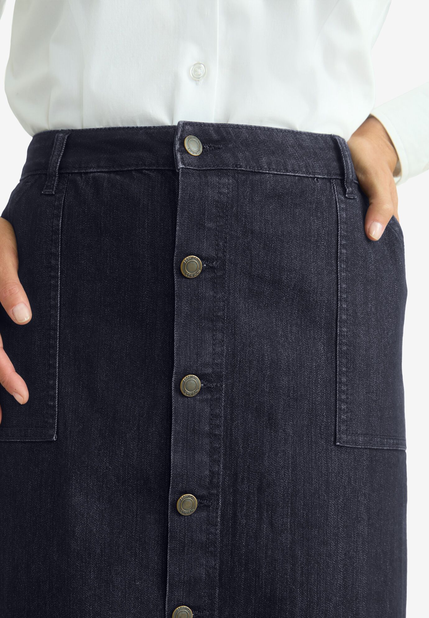 True Fit Button-Front Midi Skirt, INDIGO, alternate image number 3