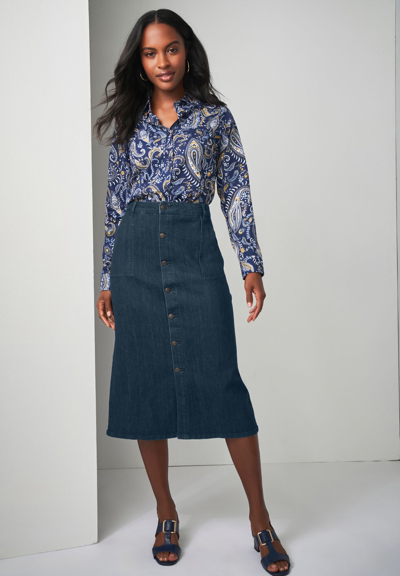 True Fit Button-Front Midi Skirt, , alternate image number 4