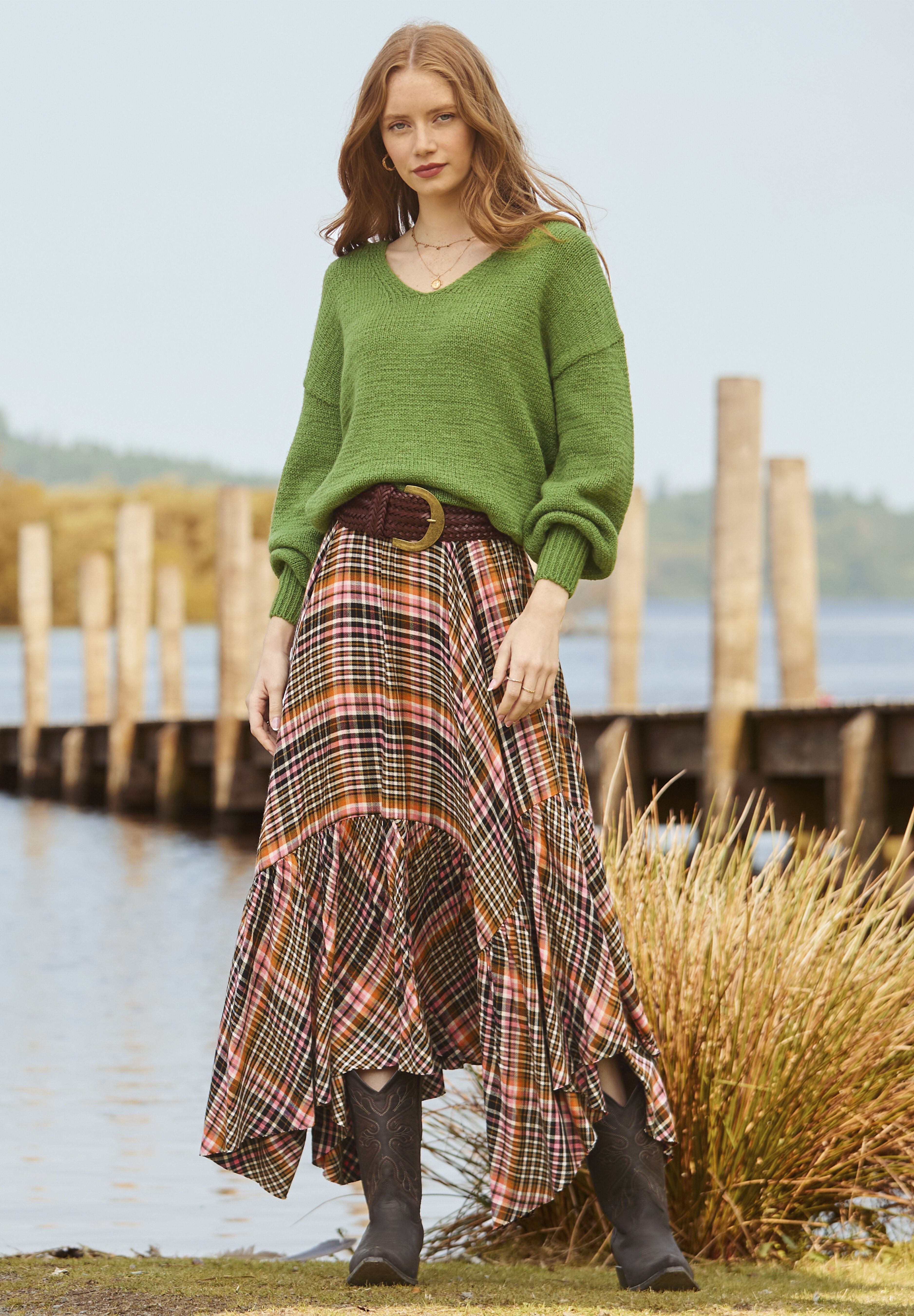 Checkered Hanky Hem Maxi Skirt