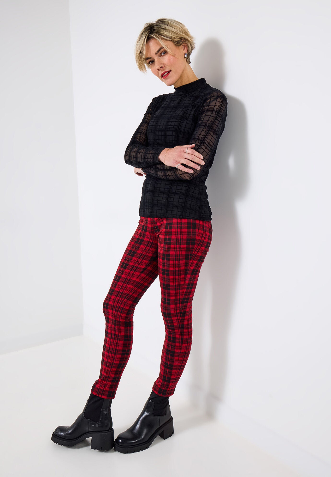 Burnout Plaid Mockneck Tee