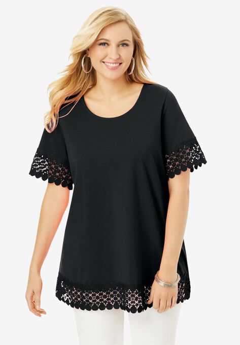 Crochet Trim Tunic, BLACK, hi-res image number null