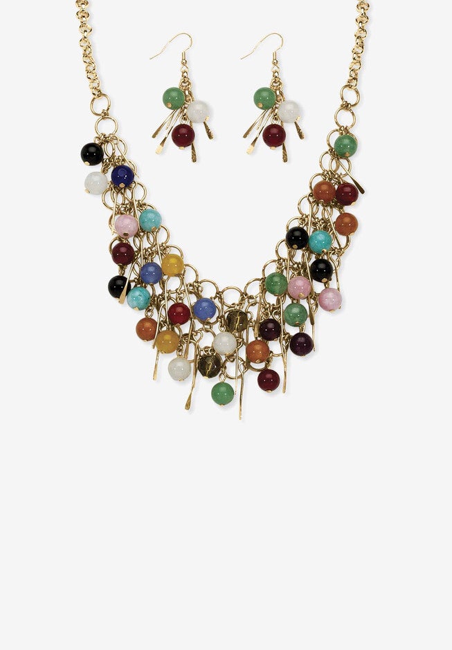 Goldtone Multi Color Genuine Agate Bead and Necklace and Earring Set, 18 inch plus 3 inch extension, GOLD, hi-res image number null