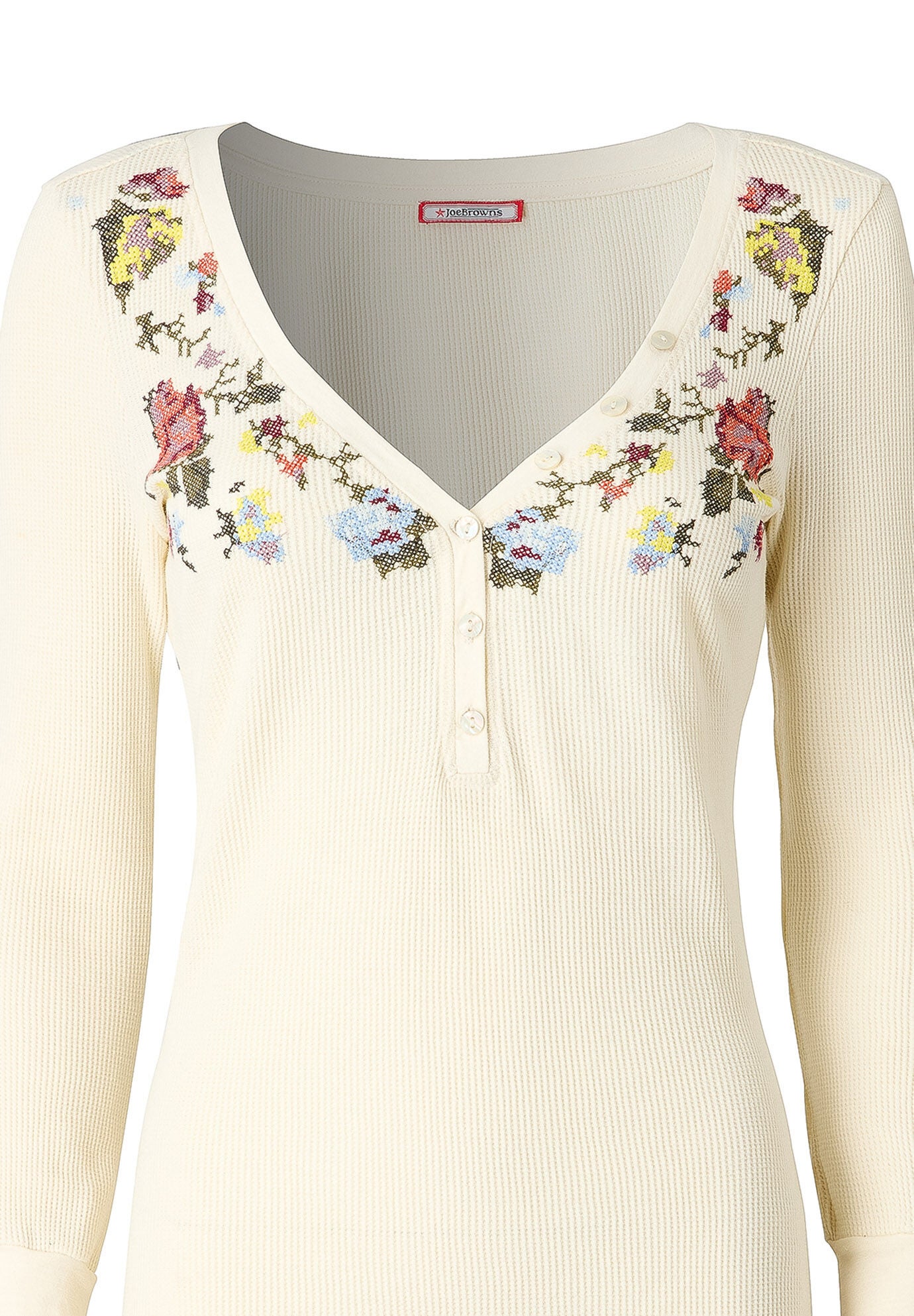 Stretch Cotton Henley Tee, CREAM FLORAL EMBROIDERY, alternate image number 3
