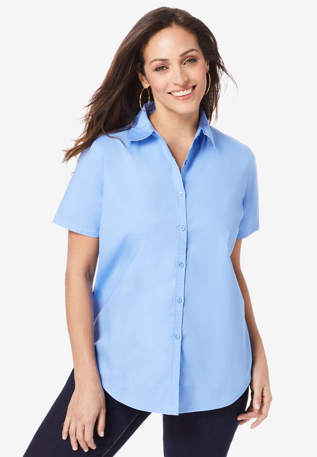 Short Sleeve Stretch Cotton Poplin Shirt, FRENCH BLUE, hi-res image number null